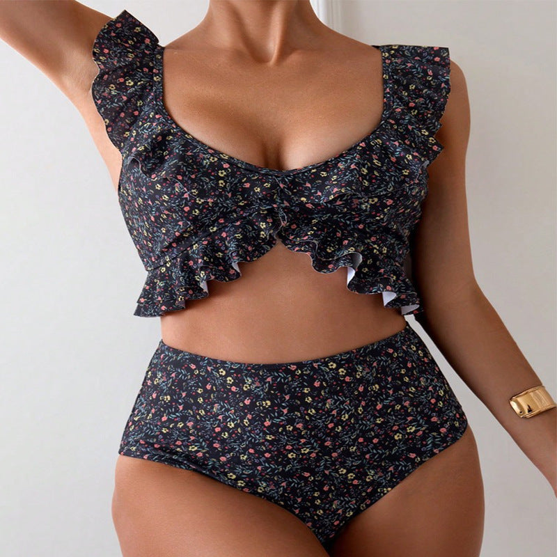 Damen Hochgeschnittener Bikini mit floralem Rüschendesign Drune