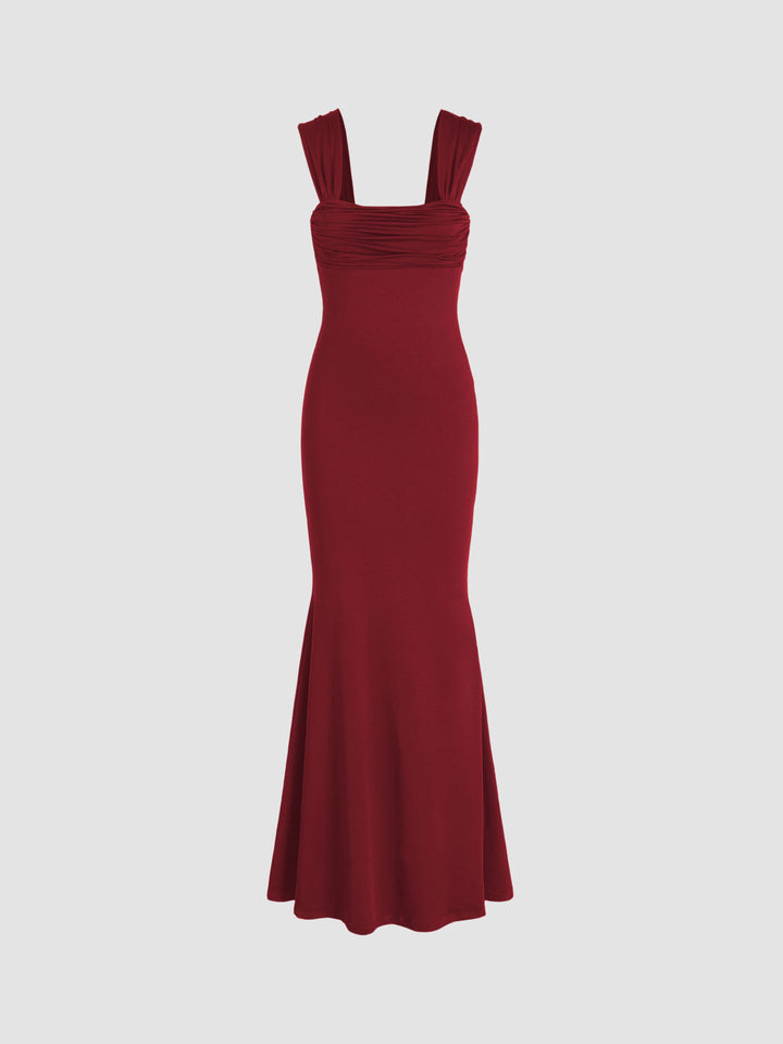 Damen figurbetontes Maxikleid mit gerafftem Oberteil und modernen Trägern Drune