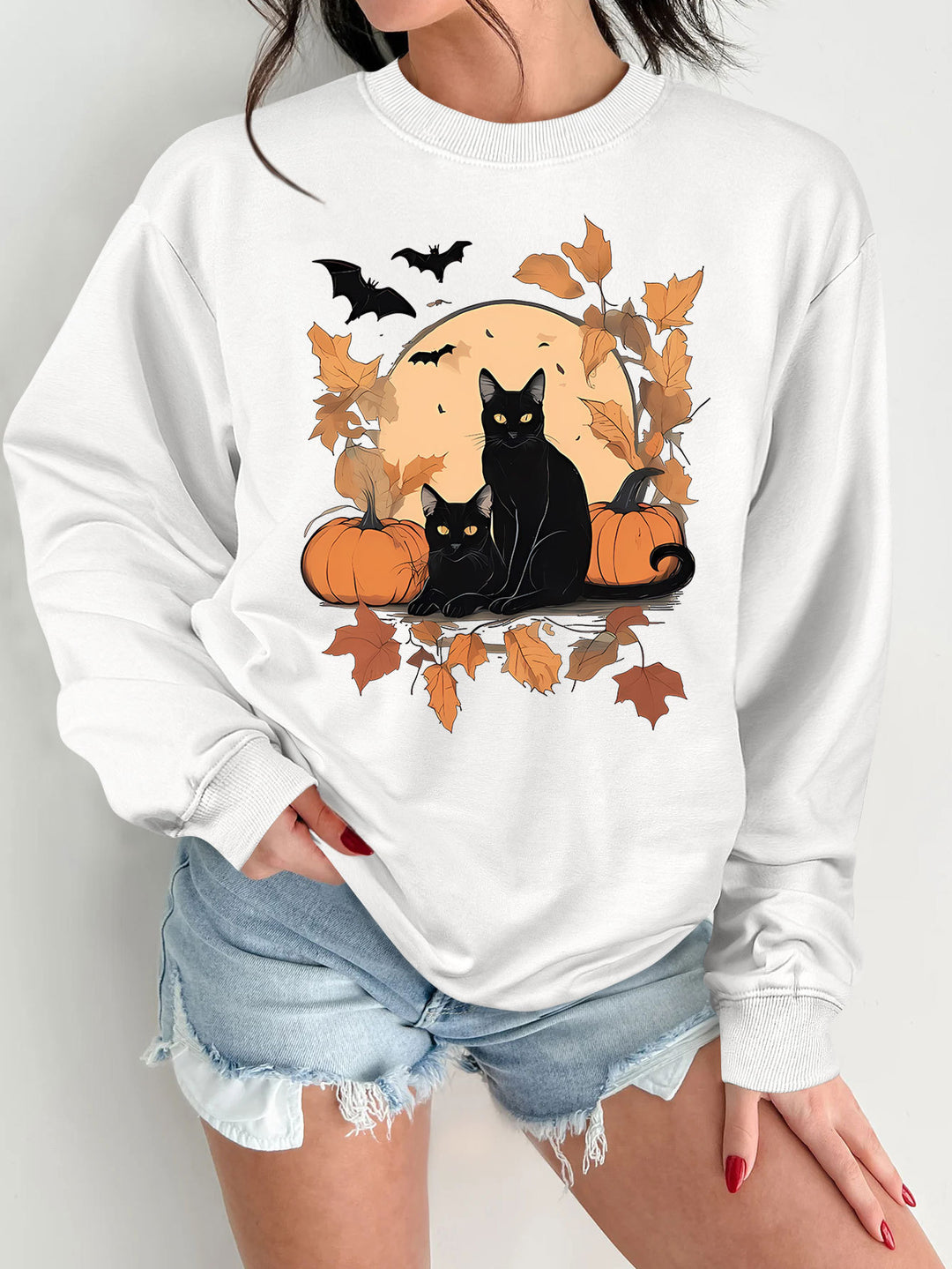 Damen Sweatshirt mit herbstlichem Katzen- und Kürbisdesign Drune
