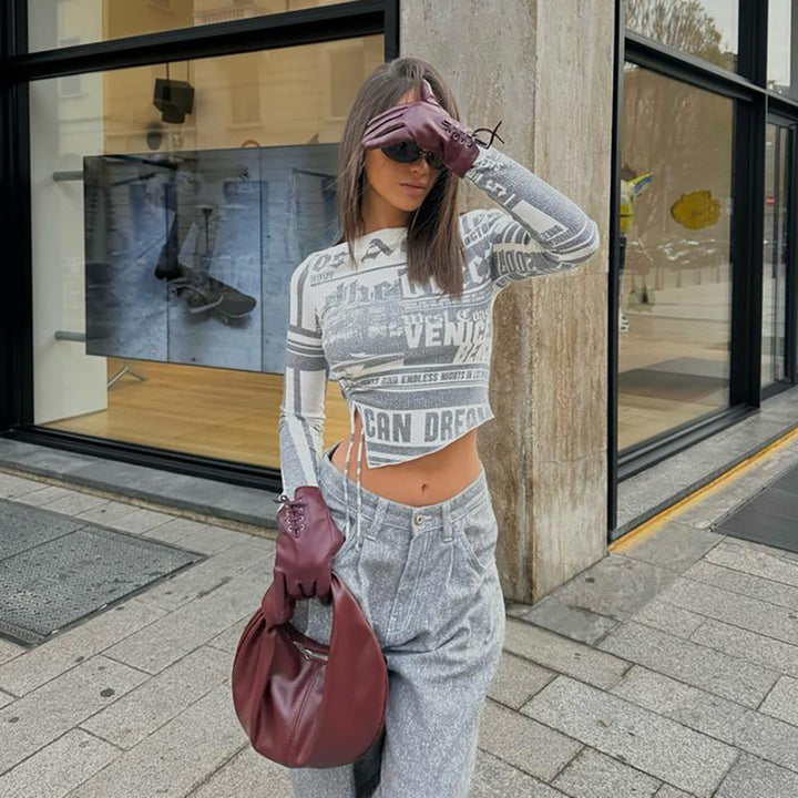 Damen Crop-Top mit kreativem Schriftdesign und weitem Schnitt Drune