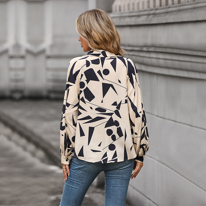 Damen lässige Bluse mit modischem geometrischen Muster und voluminösen Ärmeln Drune
