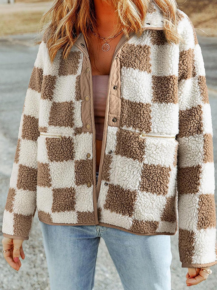 Damen flauschige Karojacke mit praktischen Taschen und Knopfverschluss Drune
