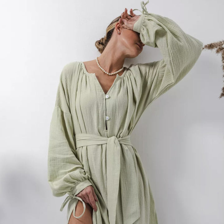 Damen elegantes Maxikleid mit Taillengürtel und Ballonärmeln Drune