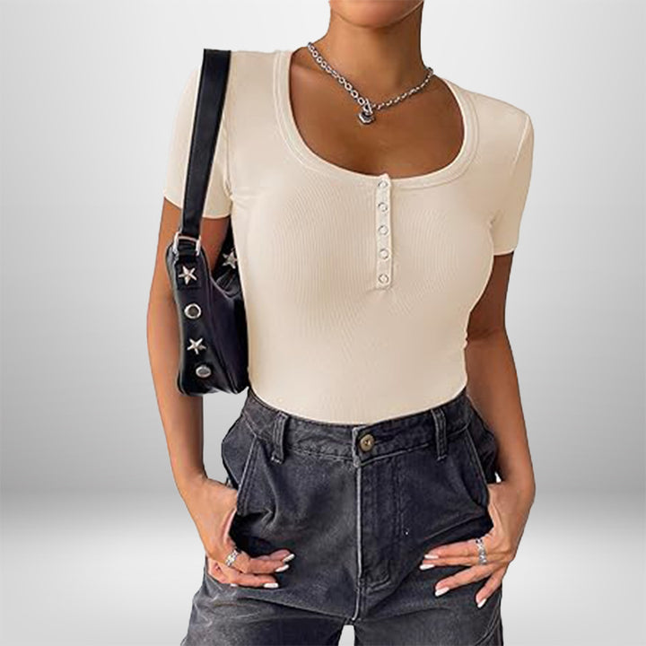 Damen Kurzarm Bodysuit mit Knopfdetails und figurbetonter Silhouette Drune