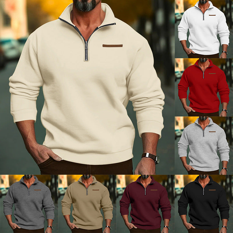 Herren nan kurzer Reißverschluss-Pullover mit Stehkragen, Kinnschutz und dezenter Brustpaspel Drune