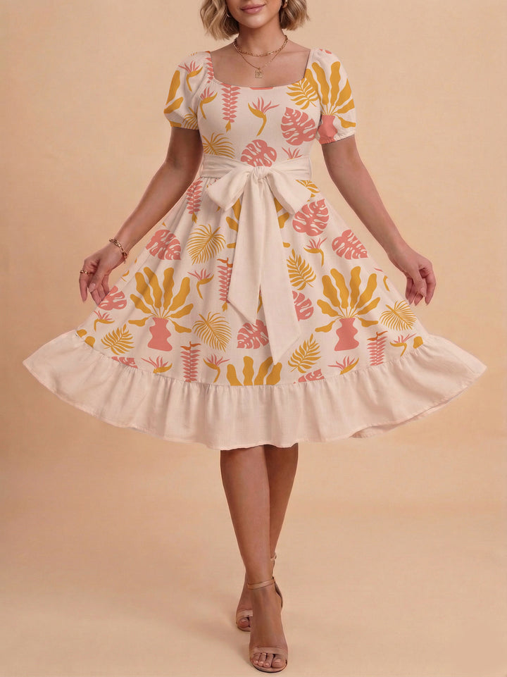 Damen Sommerliches Blumenkleid mit taillierbarem Gürtel und voluminösen Ärmeln Drune