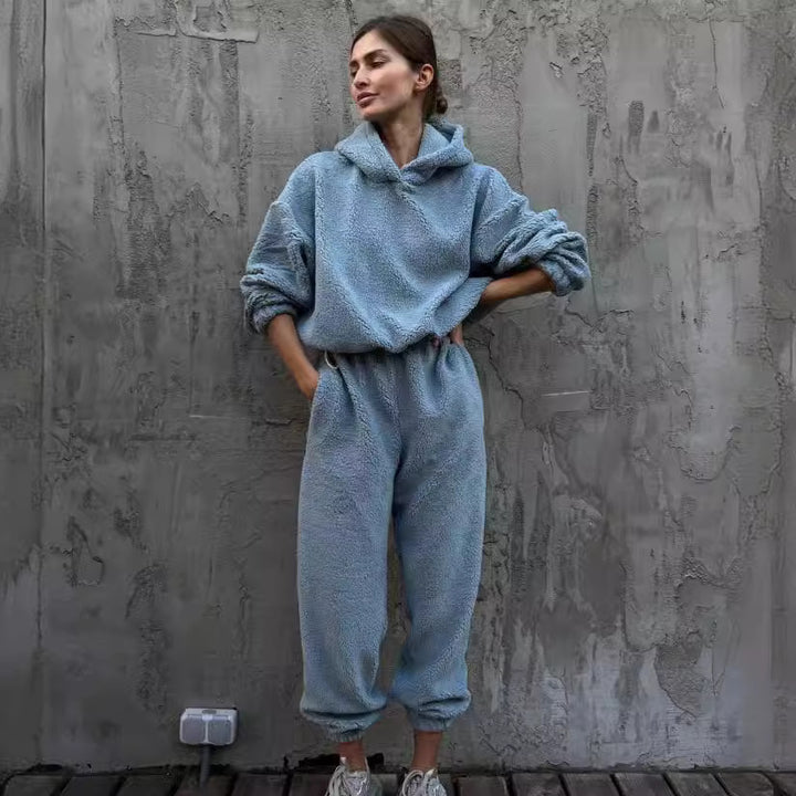 Damen Flauschiger Jumpsuit mit Kapuze und Gummizug Drune
