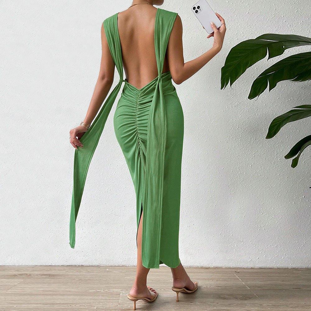 Damen Maxikleid mit tiefem V-Ausschnitt und elegantem Halterdesign Drune