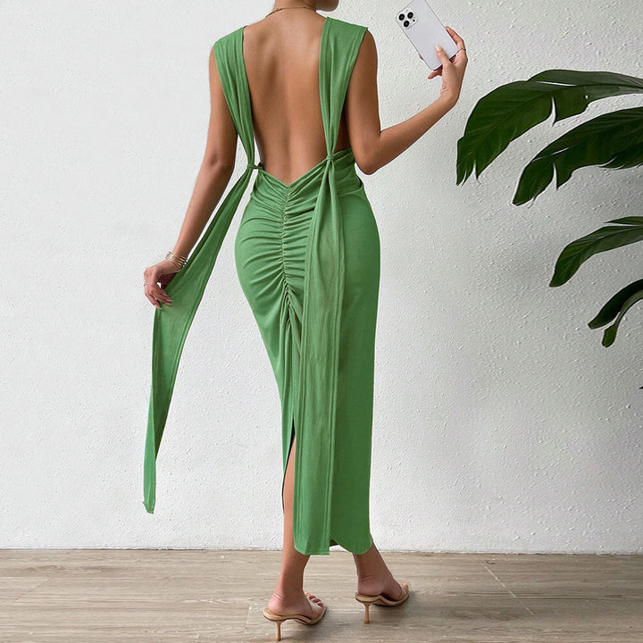 Damen Maxikleid mit tiefem V-Ausschnitt und elegantem Halterdesign Drune