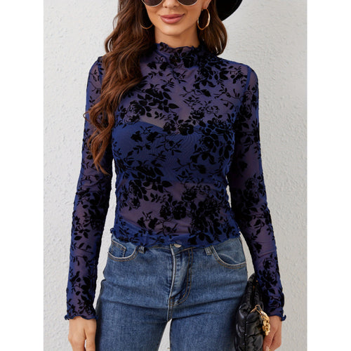 Damen Langarmshirt mit floralem Chiffon und transparenten Details Drune