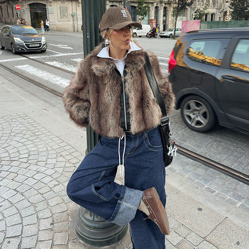 Damen Kunstpelzjacke im modernen Cropped-Stil Drune