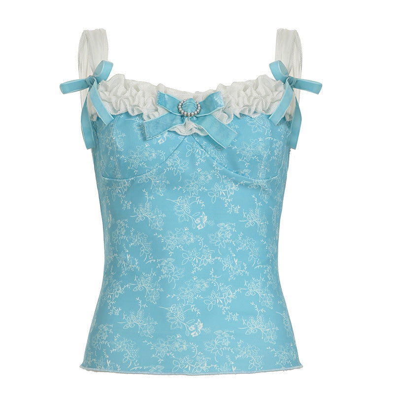 Damen Spaghetti-Trägertop mit floralen Akzenten und Rüschendetails Drune