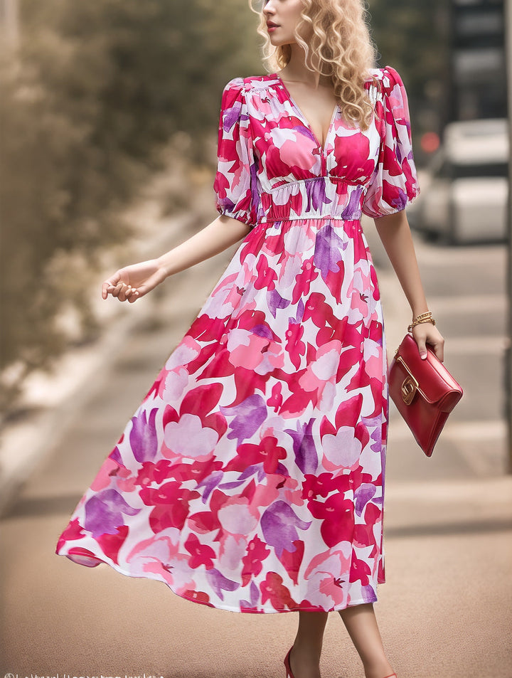 Damen Maxikleid mit voluminösen Puffärmeln und fließendem Rock Drune