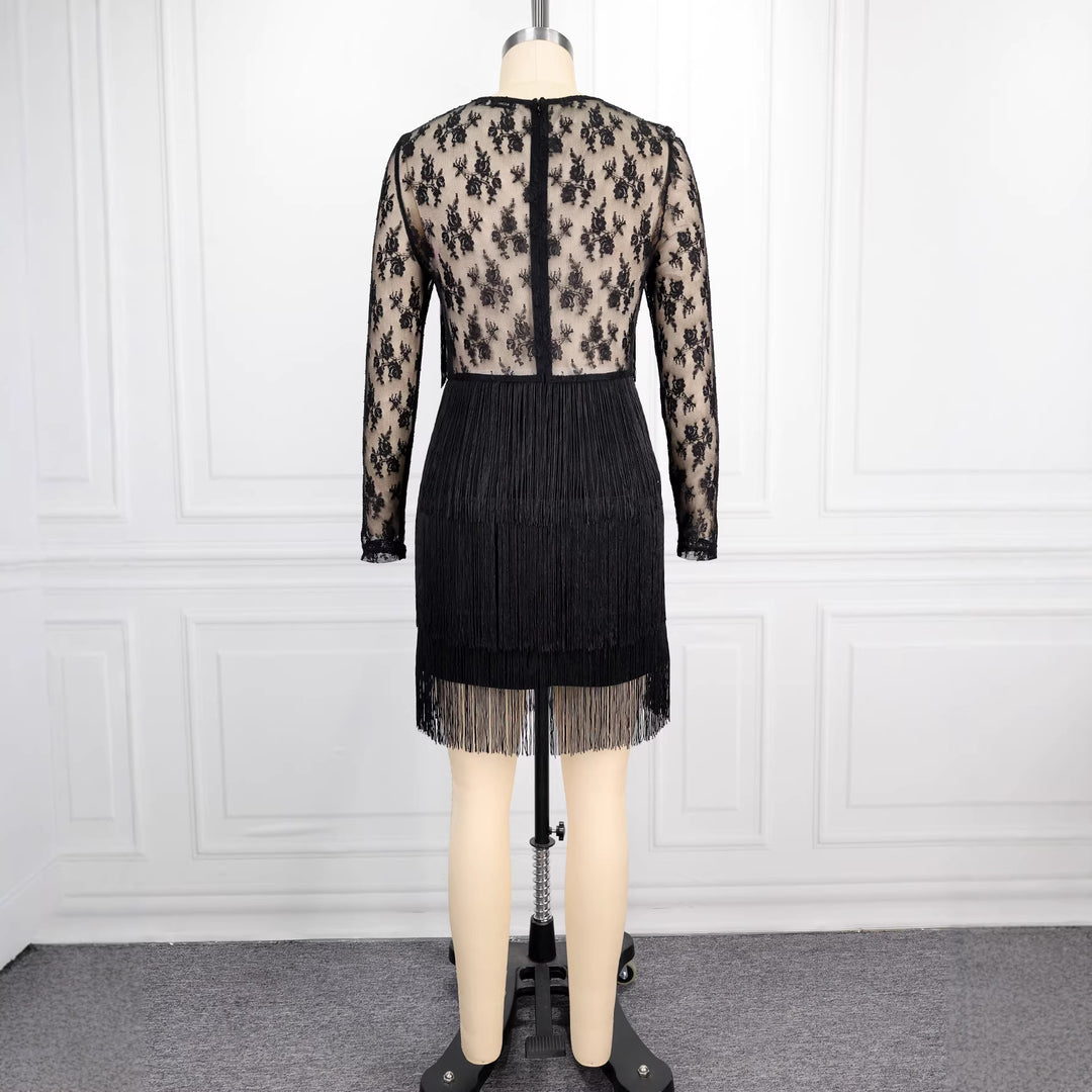 Damen Figurnahes Kleid mit fransigen Details und transparenten Spitzenärmeln Drune
