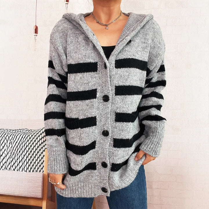 Damen lässiger Strickcardigan mit Kapuze und breiten Streifen Drune