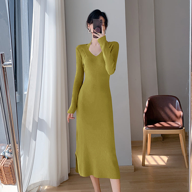 Damen langärmliges Kleid mit V-Ausschnitt und seitlichem Schlitz Drune