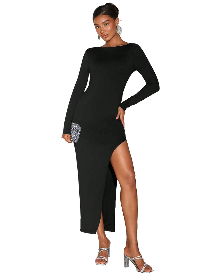 Damen Lange Kleid mit funkelndem Seiteneinsatz und hohem Schlitz Drune
