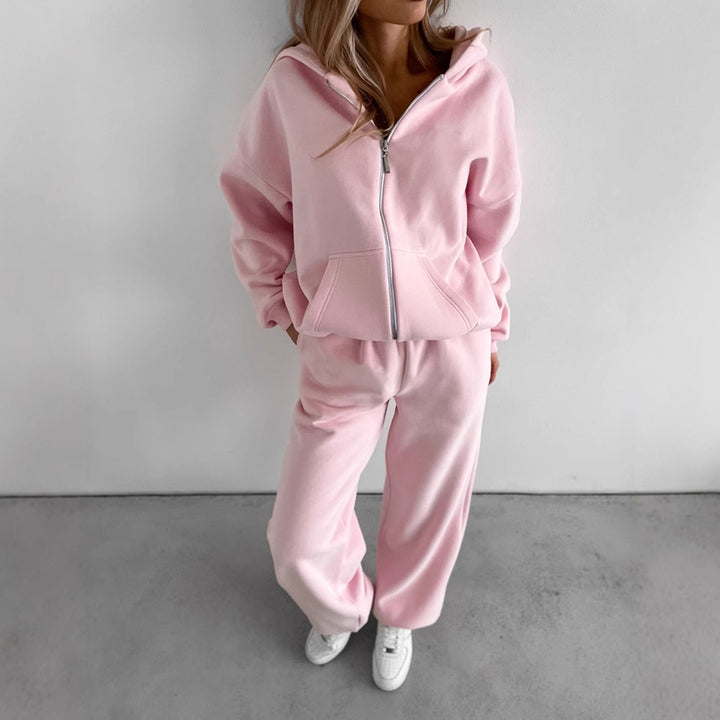 Damen lässiges Fleece-Set mit hochgeschnittener Hose und Kapuzenjacke Drune