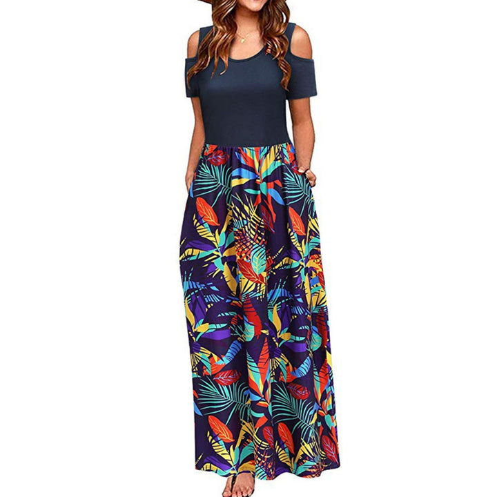 Damen Maxikleid mit schulterfreier Optik und buntem Blattmuster Drune