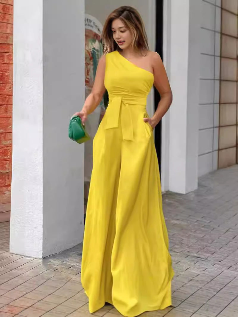 Damen Eleganter Ein-Schulter Jumpsuit mit Gürtel und weitem Bein Drune