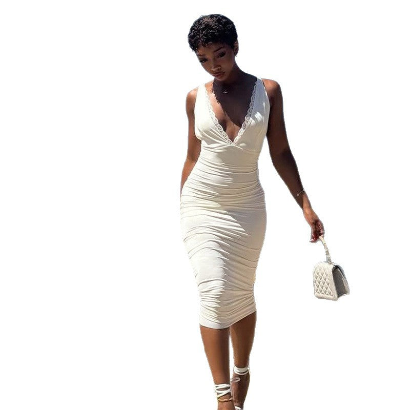Damen elegantes figurbetontes Midi-Kleid mit verführerischem V-Ausschnitt und feinen Trägern Drune