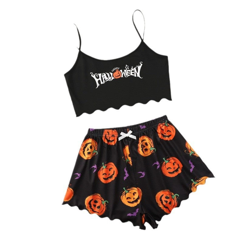 Damen lässiges Halloween Pyjama-Set mit Crop-Top und Shorts Drune