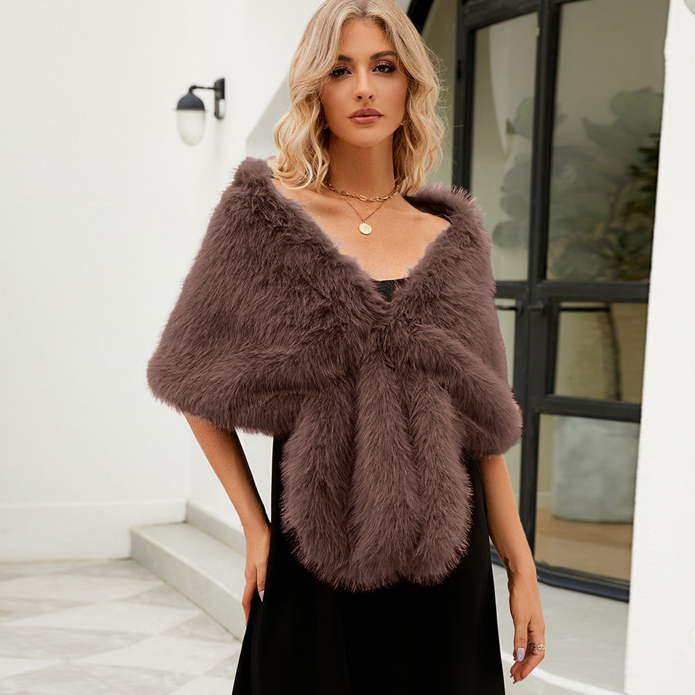Damen Luxuriöser Kunstpelz-Cape mit flauschigem Kragen Drune