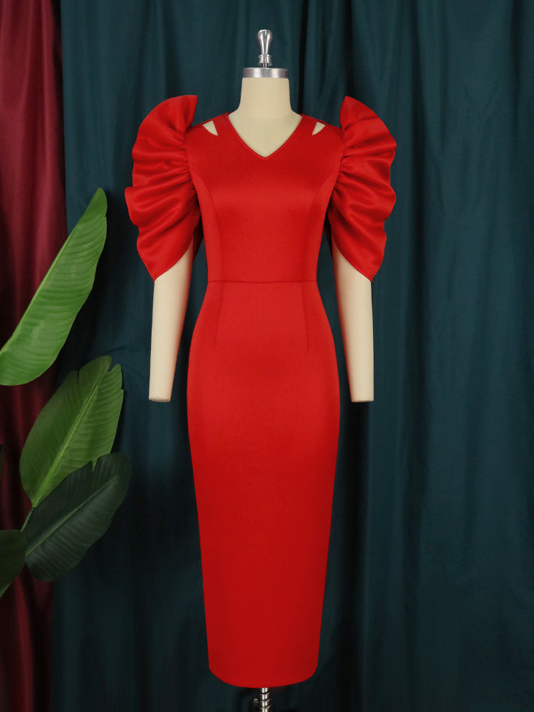 Damen Elegantes Midi-Kleid mit voluminösen Puffärmeln Drune