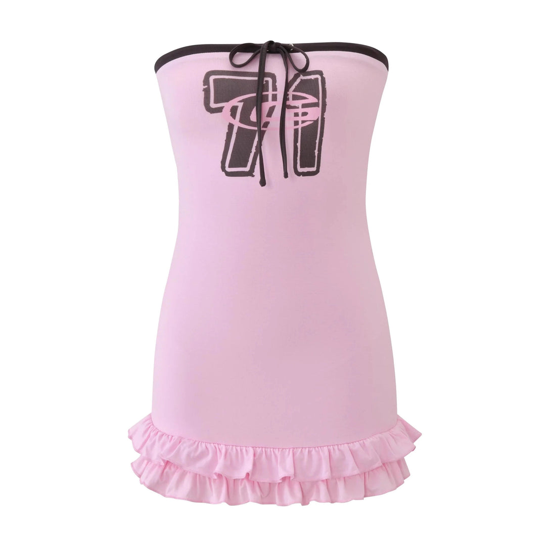 Damen Schulterfreies Mini-Kleid mit Rüschensaum und einzigartigem Grafikdesign Drune