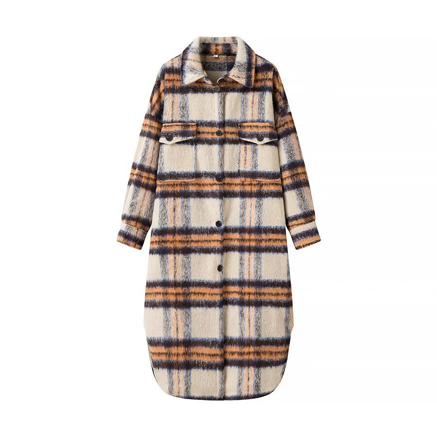Damen Modischer Oversized-Wollmantel mit Karomuster Drune