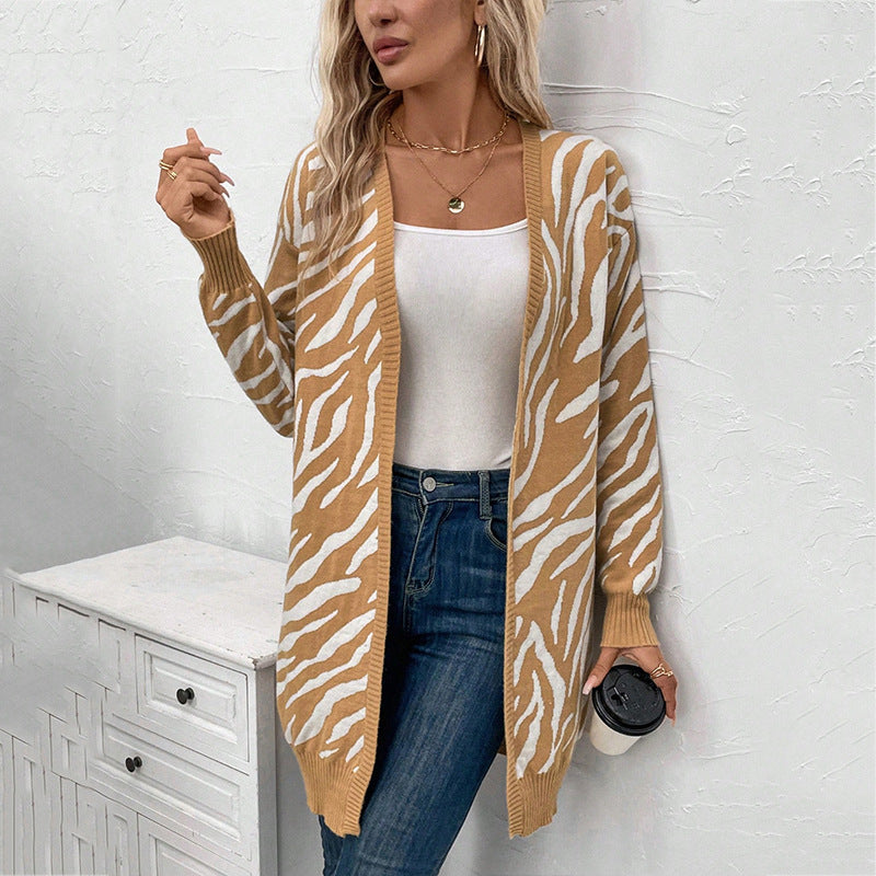 Damen Lässige Strickjacke im Zebra-Design mit langen Ärmeln und offenem V-Ausschnitt Drune