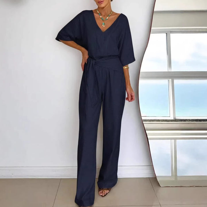 Damen Eleganter Jumpsuit mit tailliertem Schnitt und Wickelgürtel Drune