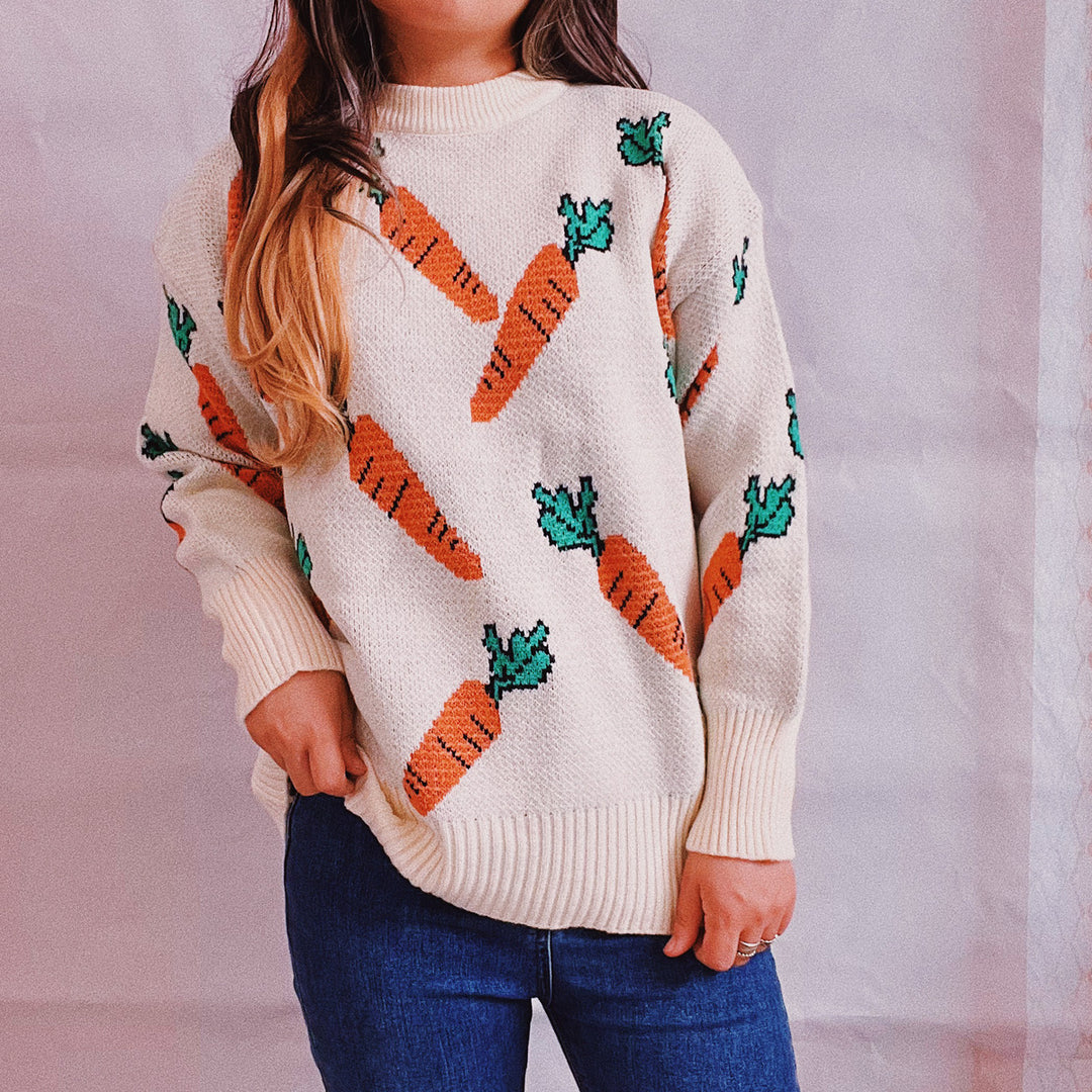 Damen lässiger Pullover mit buntem Karottenmotiv Drune