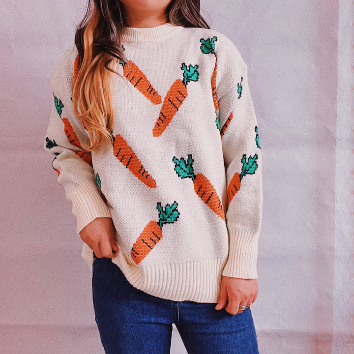 Damen lässiger Pullover mit buntem Karottenmotiv Drune