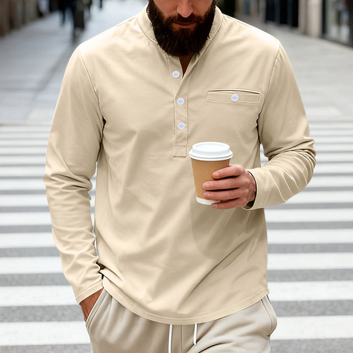 Herren nan langärmeliges Henley-Shirt mit Stehkragen, Brusttasche und dekorativer Knopfleiste Drune