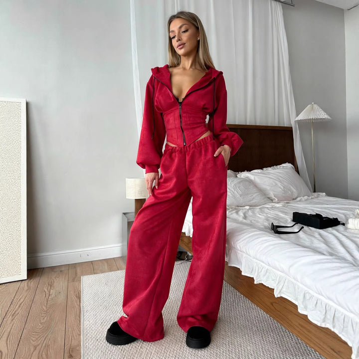 Damen sportliches Set aus cropped Kapuzenjacke und weiten Jogginghosen mit elastischem Bund Drune