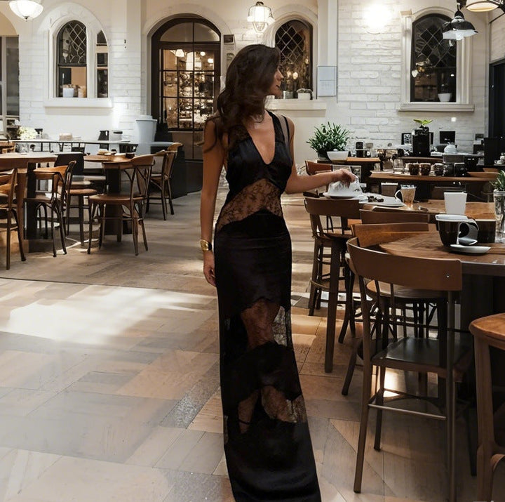 Damen Transparentes Spitzen-Maxikleid mit tiefem V-Ausschnitt und eleganter Silhouette Drune