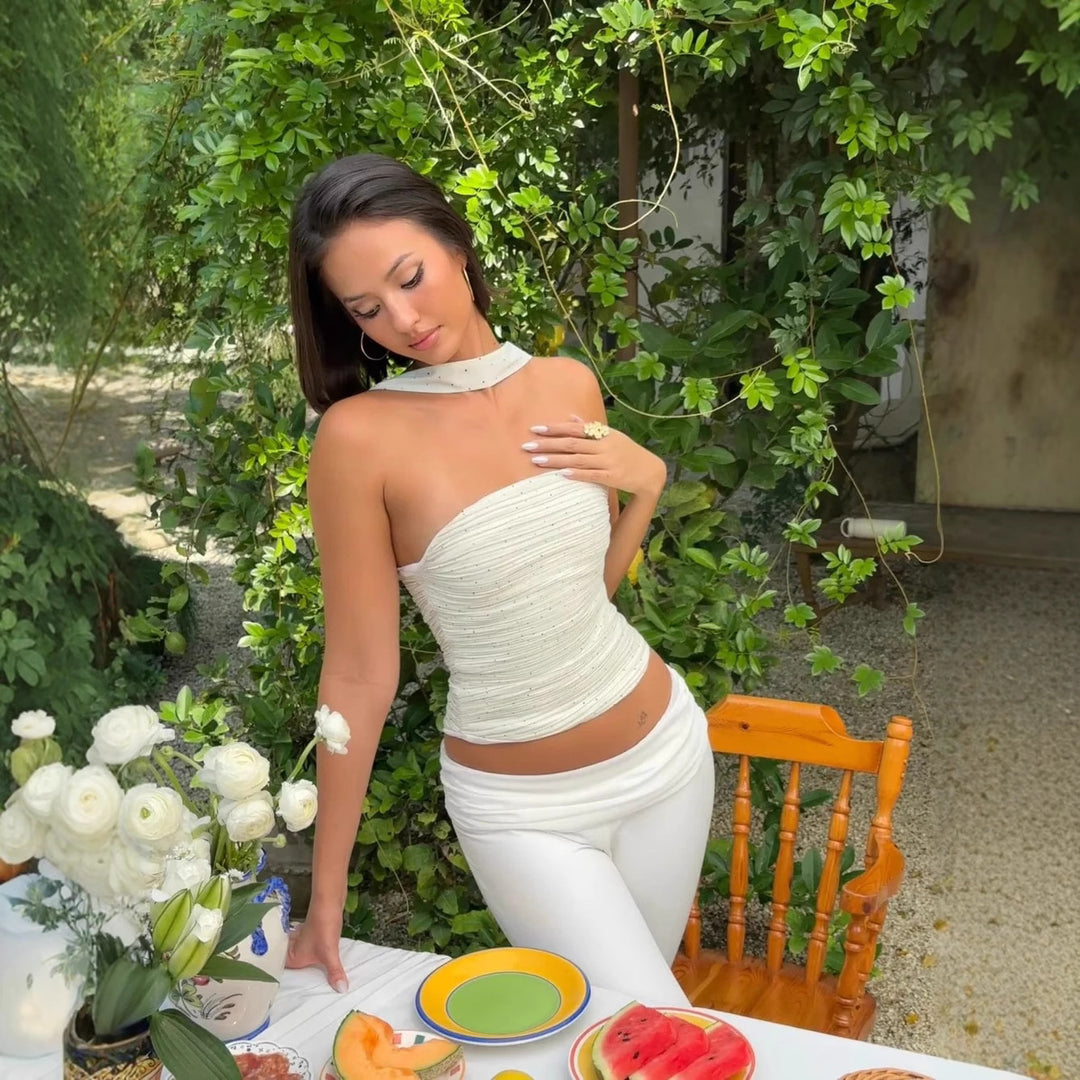 Damen Bandeau-Top mit schmalem Halstuch und glamourösen Akzenten Drune