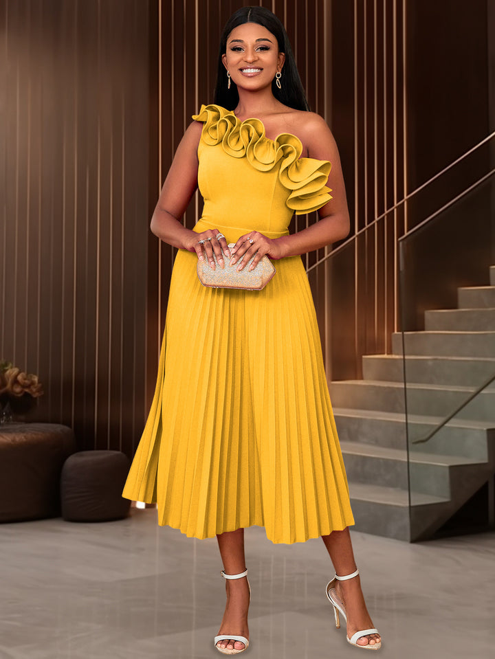 Damen Elegantes Midi-Kleid mit asymmetrischem Rüschen-Ausschnitt Drune