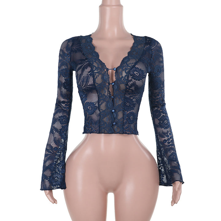 Damen Spitzenbluse mit tiefem V-Ausschnitt und langen Ärmeln Drune