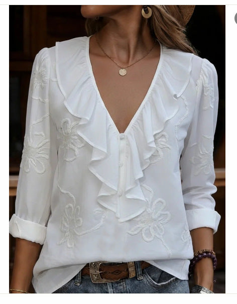 Damen elegante Bluse mit Volant und floralem Stickmuster Drune