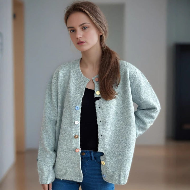Damen kuschelige Strickjacke mit bunten Knopfdetails Drune