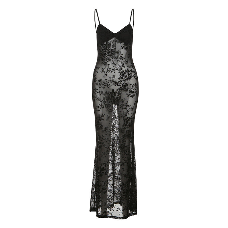 Damen Elegantes Spitzen-Maxi-Kleid mit Spaghetti-Trägern und transparenter Optik Drune