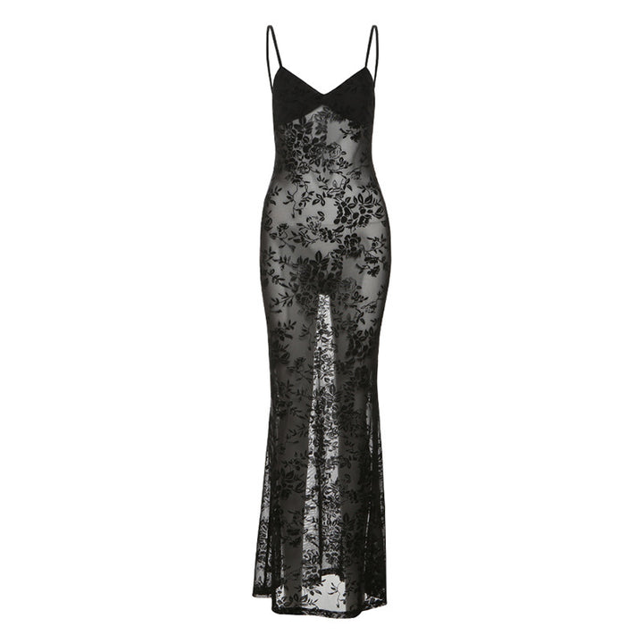 Damen Elegantes Spitzen-Maxi-Kleid mit Spaghetti-Trägern und transparenter Optik Drune