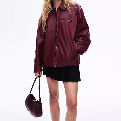 Damen modische Kunstlederjacke mit elastischem Saum und modernem Schnitt Drune