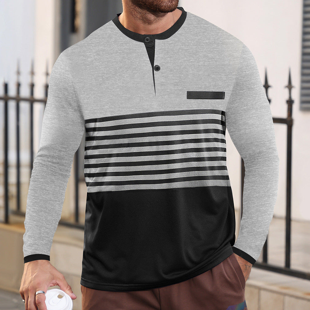 Herren nan modernes Langarm-Polo mit Henley-Blende gestreifter Brustpartie und Stehkragen Drune