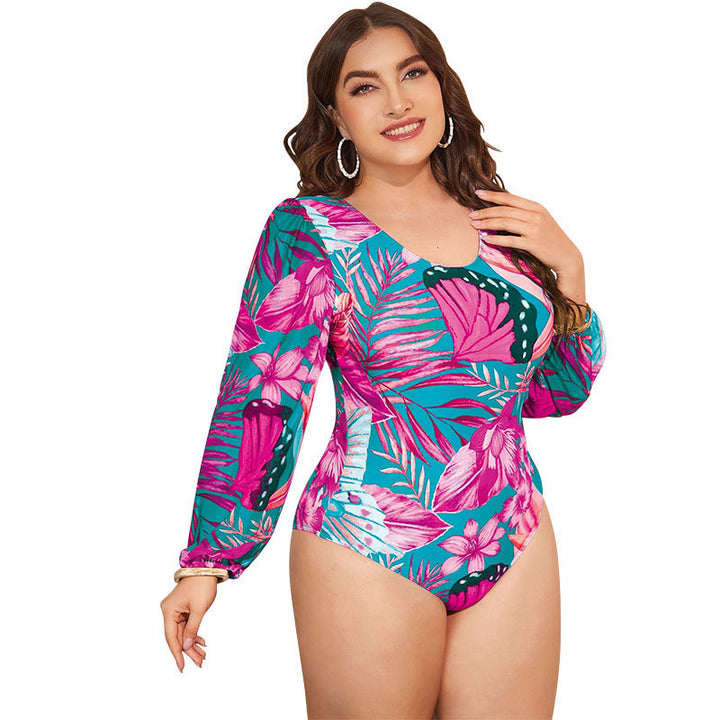 Damen Einteiler Badeanzug mit eleganten langen Ärmeln und floralem Design Drune