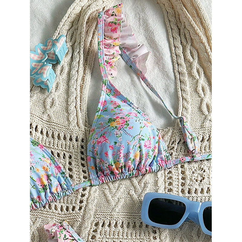 Damen Triangel-Bikini mit verspieltem Rüschendesign und floralem Muster Drune