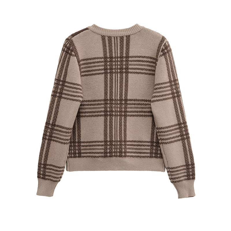 Damen modische Karierte Strickjacke mit eleganten Knopfdetails Drune