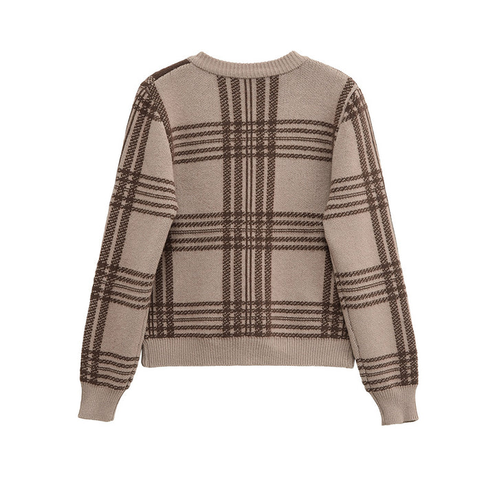 Damen modische Karierte Strickjacke mit eleganten Knopfdetails Drune